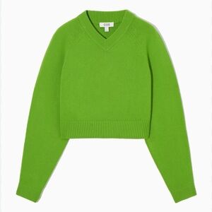 COS Green Cropped V-Neck Wool Sweater